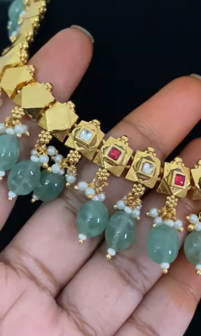 Antique Green Beads Kundan Necklace Set | Traditional Indian Jewelry In USA