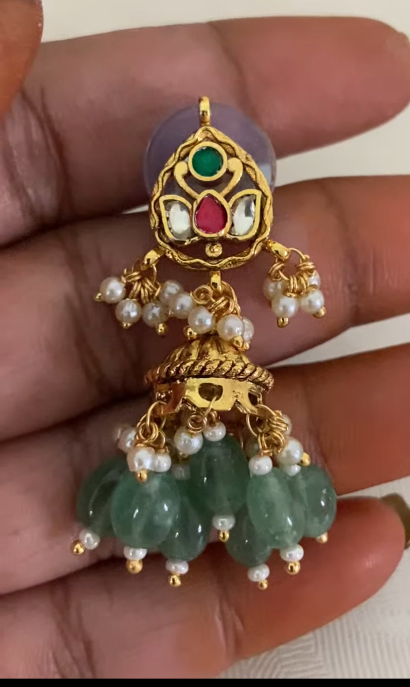 Antique Green Beads Multi-Layer Kundan Necklace Set | Indian Jewelry In nUSA