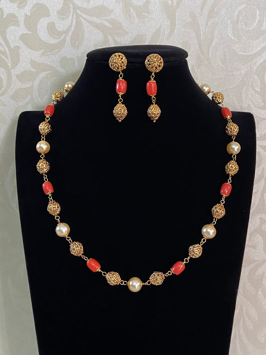 Gold ,Coral & Pearl Mala Necklace | Traditional necklace