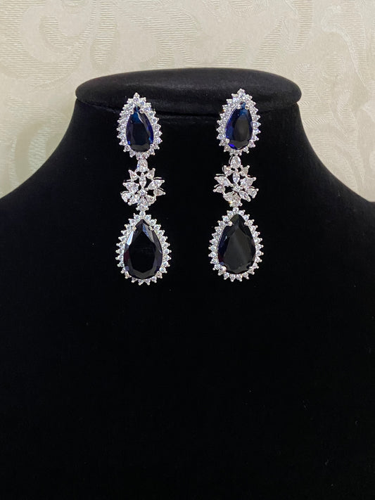 AD Rhodium Earrings | Blue Sapphire Drops Earrings