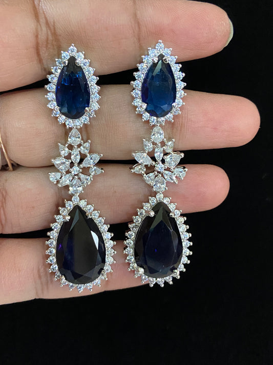 AD Rhodium Earrings | Blue Sapphire Drops Earrings