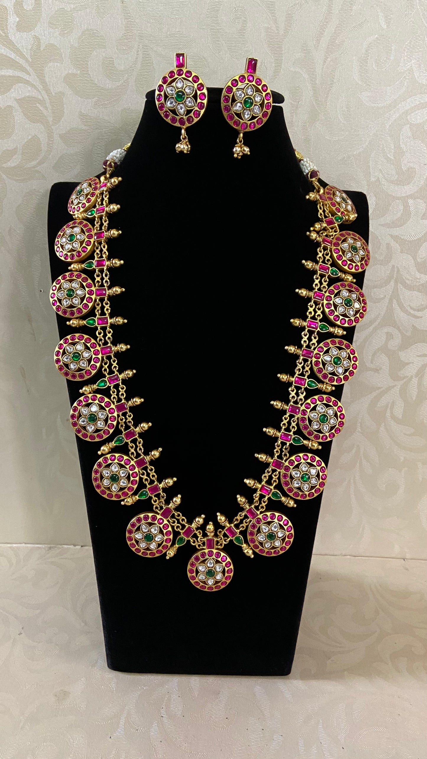 Long Jadau Kundan Bottu Mala Necklace Set | Traditional Vaddanam | Multi Purpose Necklace