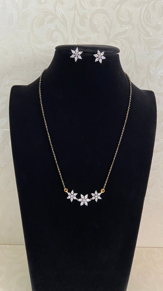 AD Flower Pendant Mangalasutra With Studs | Black Beads Necklace
