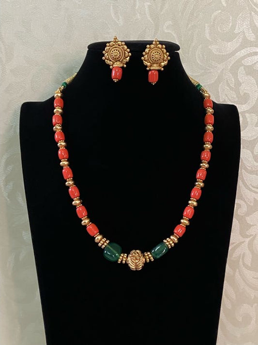 Coral Mala Necklace With Earrings |  Handmade jewelry