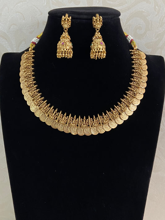 Traditional Antique Lakshmi Kasula Necklace With Jumkis | Indian Jewlery