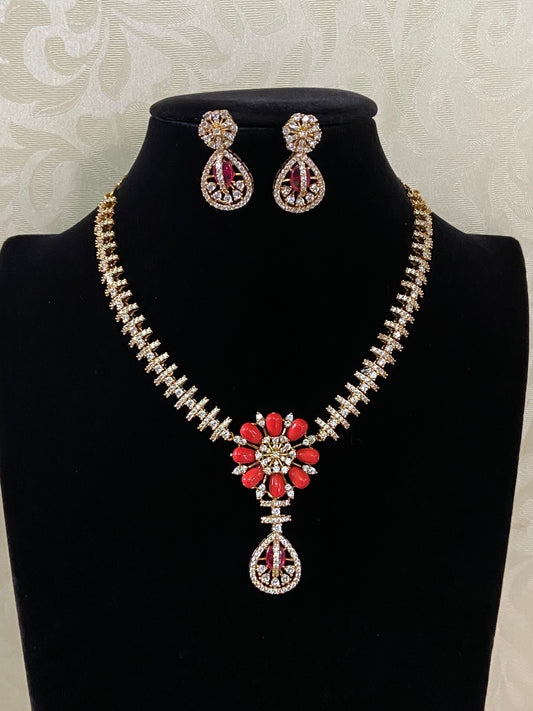 Coral Pendant AD Necklace Set | Indian Jewelry In USA | Gift Idea