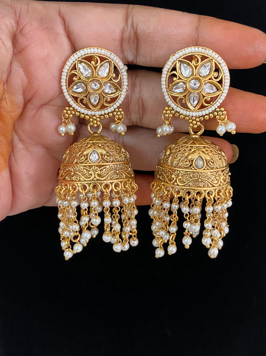 Antique Kundan Pearl Jumkis | Traditional Earrings