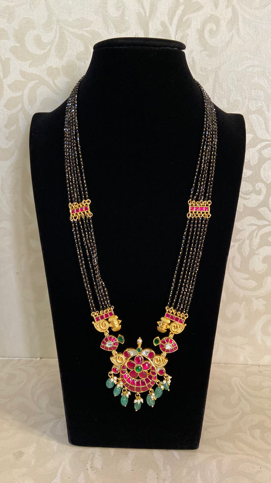 Jadau Kundan Pendant long Black Beads Necklace | Traditional Mangalasutra