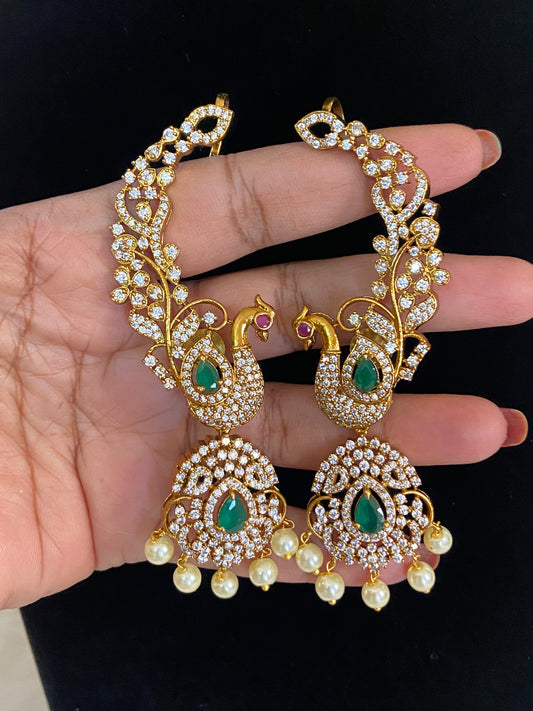 AD Emerald Peacock 2 in 1 Ear Cuffs | Indian Jewelry In USA | Changeable Earrings