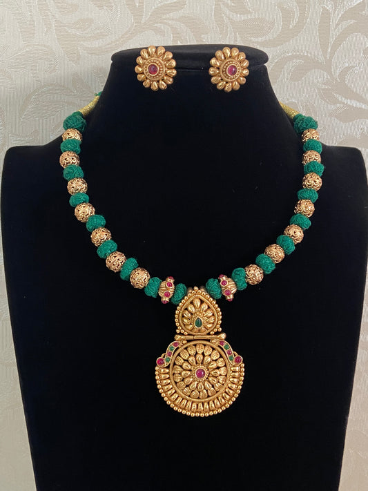 Antique Pendant Thread Necklace With Studs | Handmade Necklace