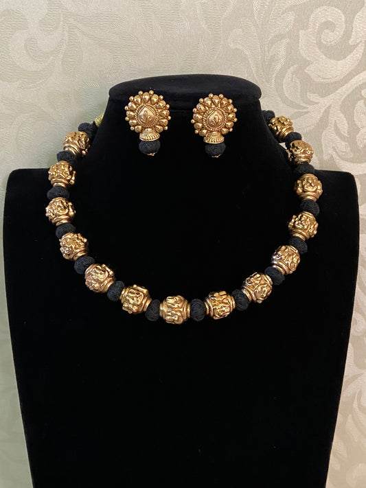 Antique Nakshi Balls Thread Necklace With Studs | Handmade Necklace | Mangalsutra