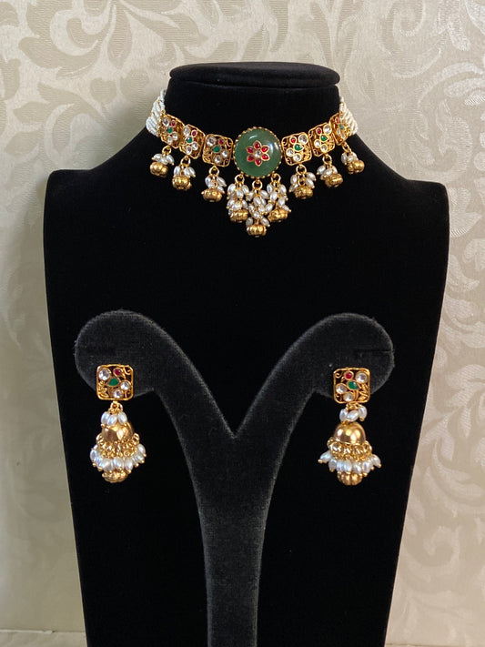 Ahamadabadi Semi Precious Kundan PearlsChoker Set | Handmade Indian Jewellery