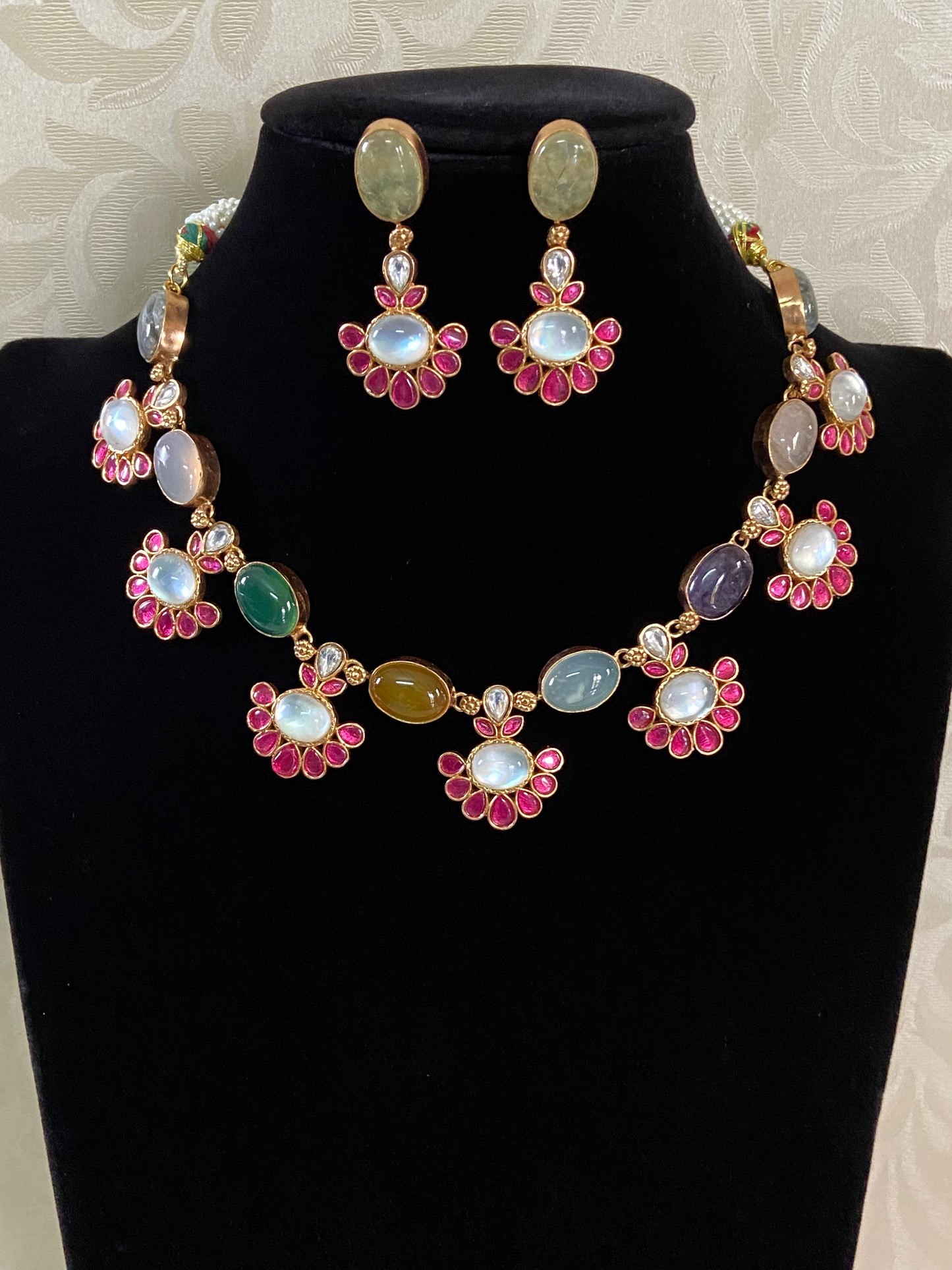 Natural stones Fusion Necklace with Earrings | Indian Designer Necklace