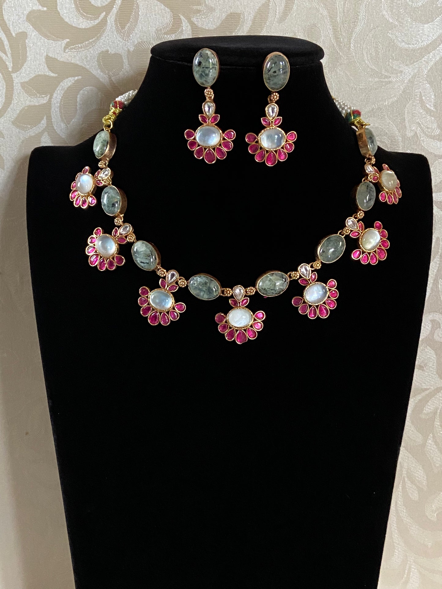 Natural stones Fusion Necklace with Earrings | Indian Designer Necklace