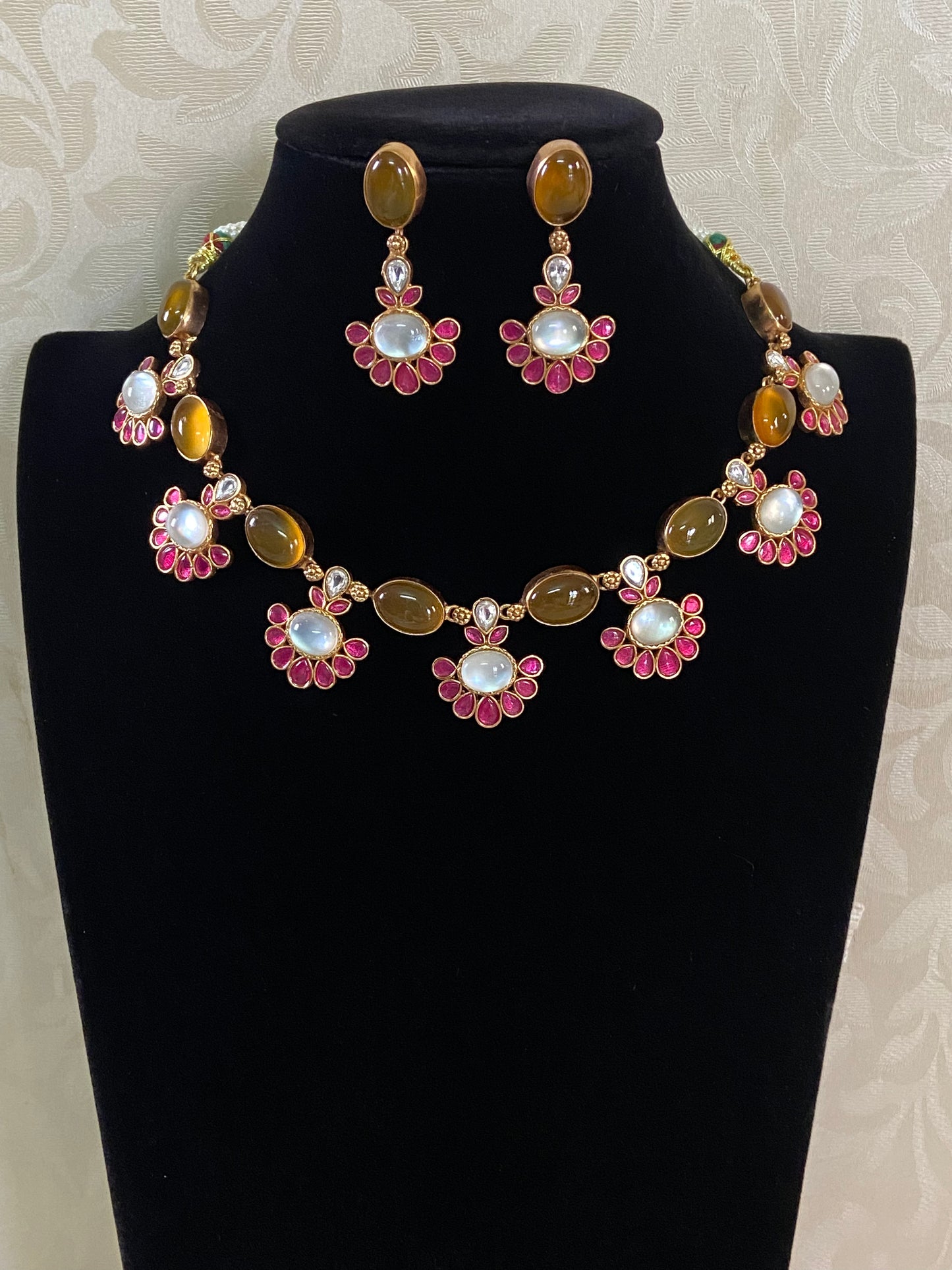 Natural stones Fusion Necklace with Earrings | Indian Designer Necklace