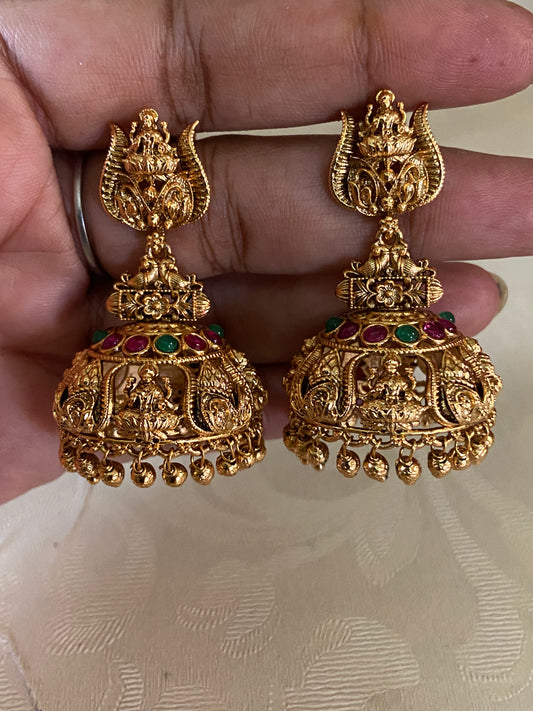 Antique Temple Jumki Earrings | Traditional Lakshmi Earrings