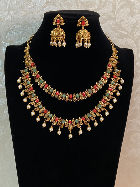 Antique Coral Doubel Layer Necklace With Jumkis | Indian Jewelry In USA