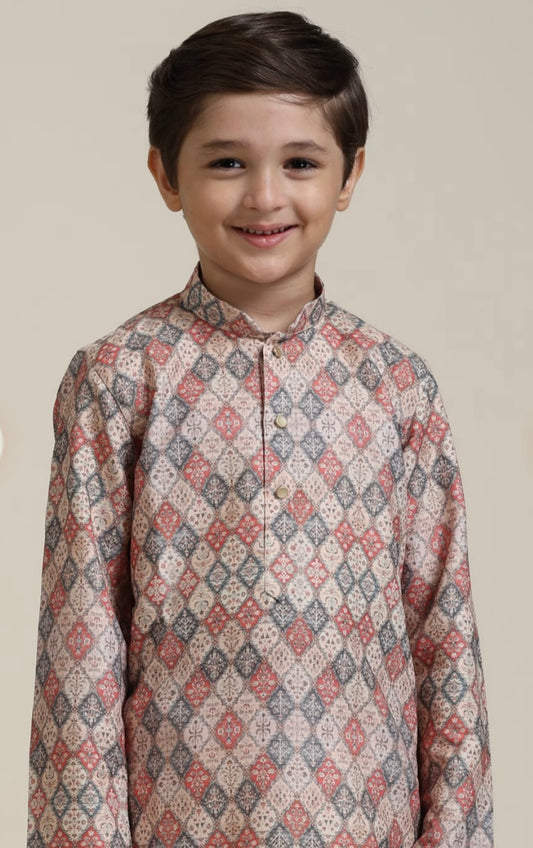 Ikkat Beige Boys Kurta Pajama