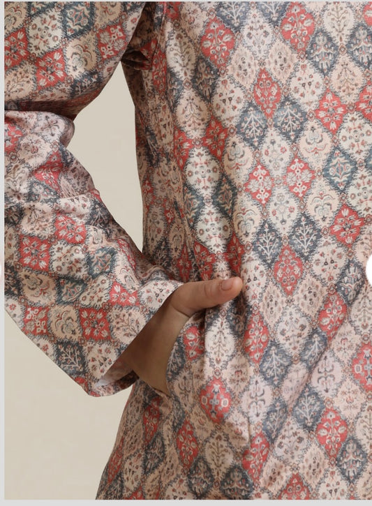 Ikkat Beige Boys Kurta Pajama
