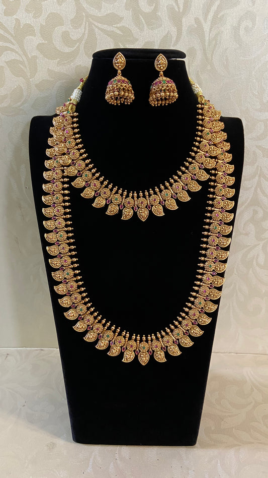 Antique Ruby Mango Long & short Necklaces With Jumki Earrings | Indian Traditional Necklaces