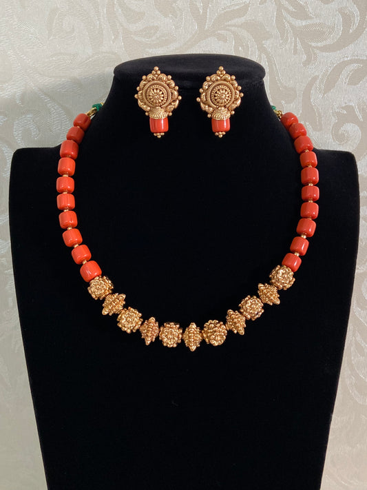 Antique & Coral Beads Mala With Studs | Handmade Jewelry