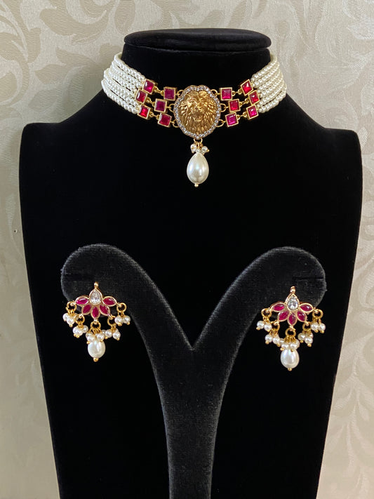 Antique Lion & Kundan Pendant Pearl Choker Set | Indian Necklace