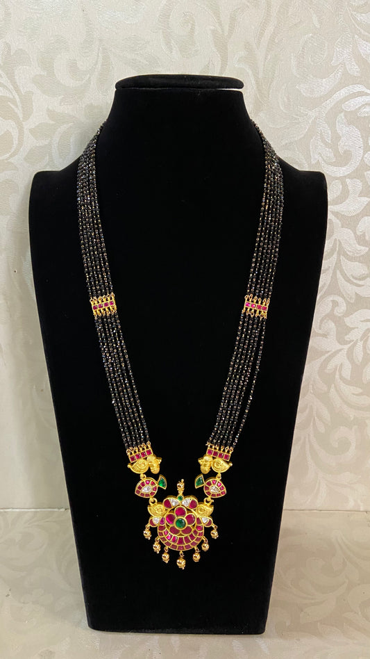 Jadau Kundan Pendant long Black Beads Necklace | Traditional Mangalasutra
