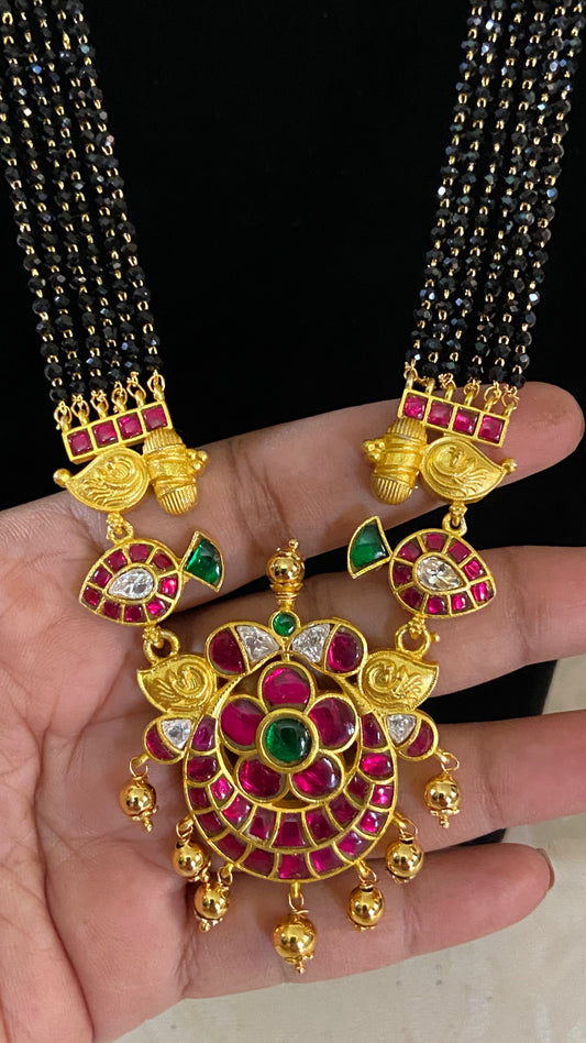 Jadau Kundan Pendant long Black Beads Necklace | Traditional Mangalasutra