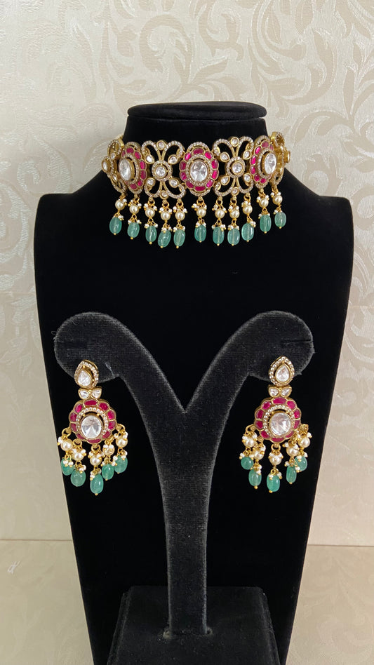 Moissanite & Jadau Fusion Choker With Earrings | Indian Jewelry In USA