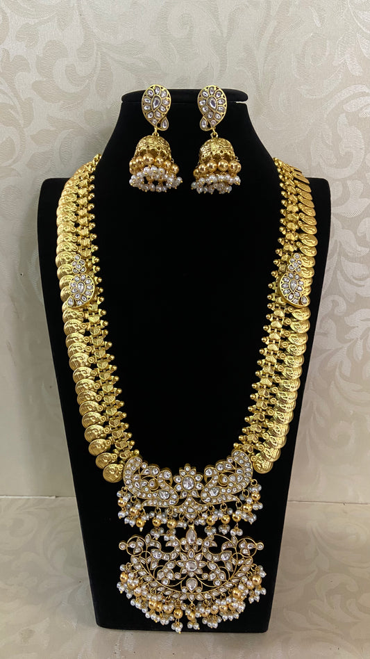 Gold polish jadau kundan long necklace With Jumkis | Indian Bridal Long Necklace