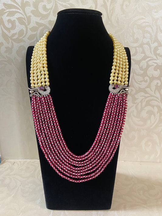 Victorian Peacock Side Pendants Pearl & Beads Mala | Indian Necklace