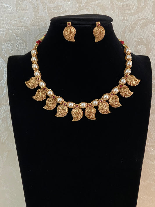 Antique Mango Pendants Pearl Necklace Set | Indian Beads Necklace