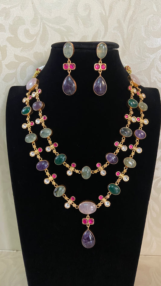Natural Stones Multicolour Fusion 2Layer Necklace Set | Latest Indian jewelry