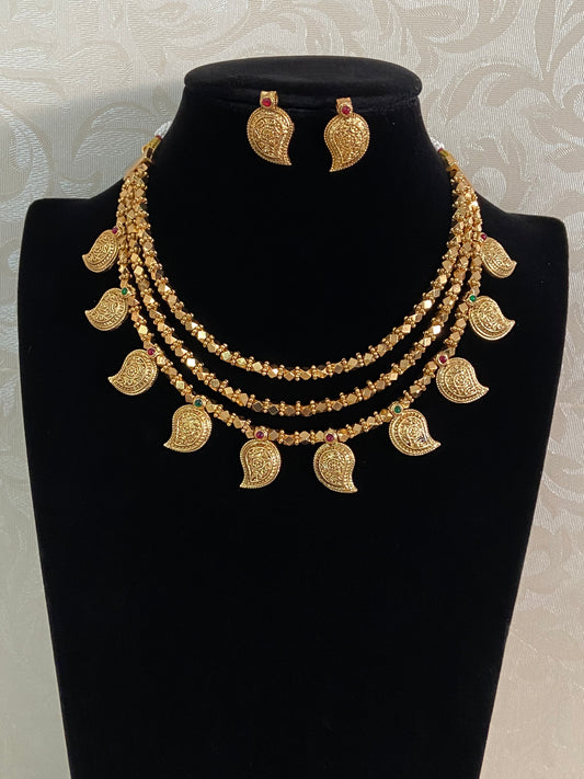 Antique Mango Pendant Gold Beads Necklace Set | Indian Jewelry In USA | Gift idea