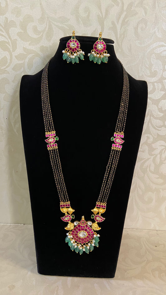 Jadau Kundan Pendant long Black Beads Necklace Set | Traditional Mangalasutra