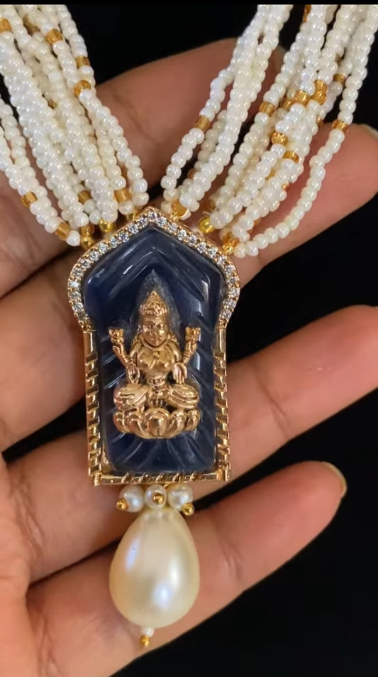 Carved stone Lakshmi Pendant Pearl Necklace | Indian Jewellery