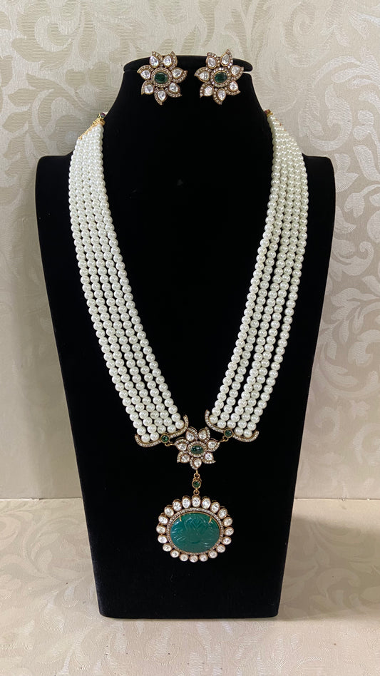 carved Kundan Victorian AD Pendant Pearl Mala| Indian Pearl Necklace With Studs