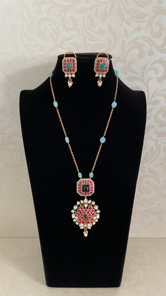 Moissanite Jadau Kundan Pendant Simple Chain Set | Indian Jewelry In USA