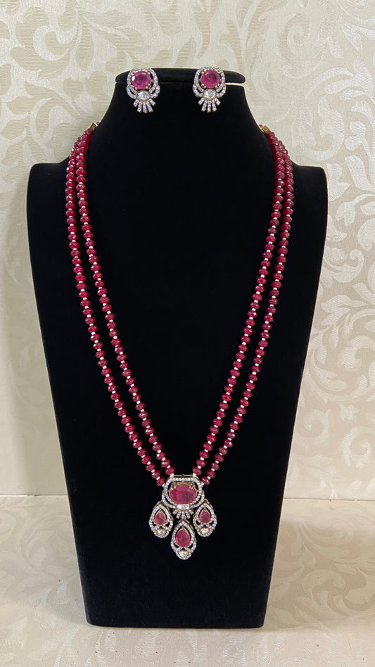 AD Victorian Pendant Onyx Beads Mala Necklace With Earrings