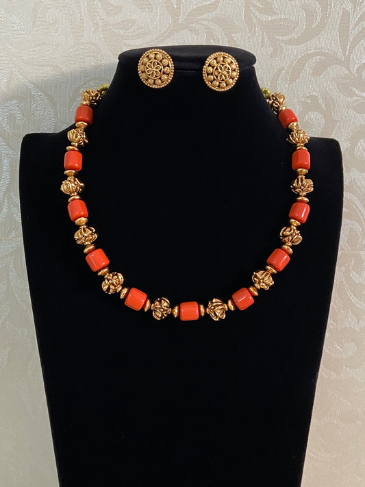 Coral Nakshi Beads Necklace With Studs | Traditional Jewelry In USA