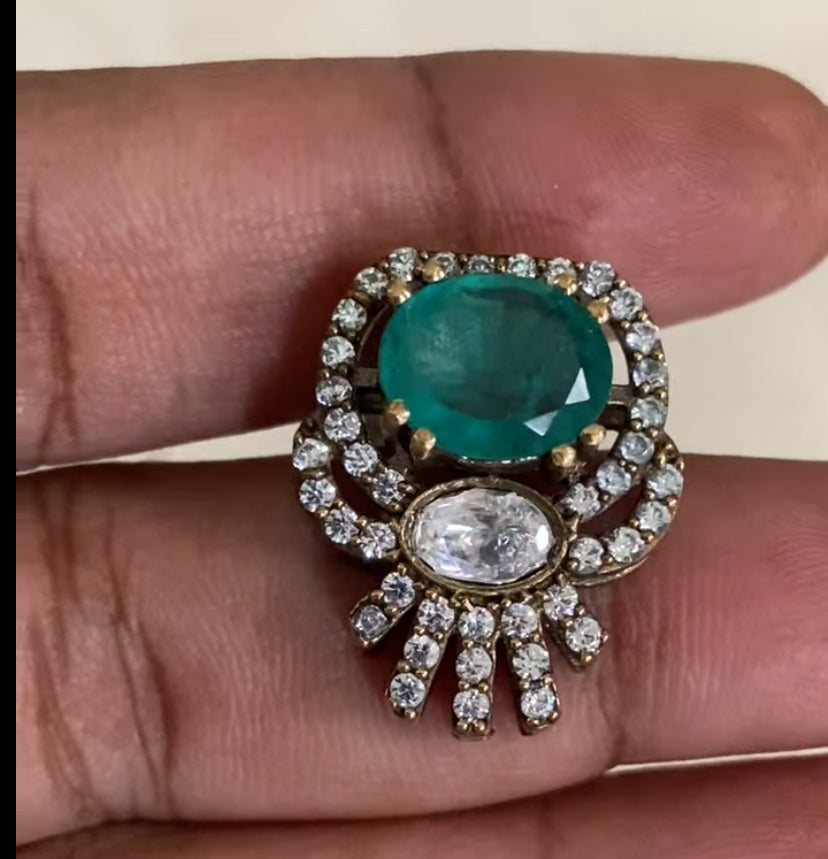 AD Victorian Pendant Onyx Beads Mala Necklace With Earrings