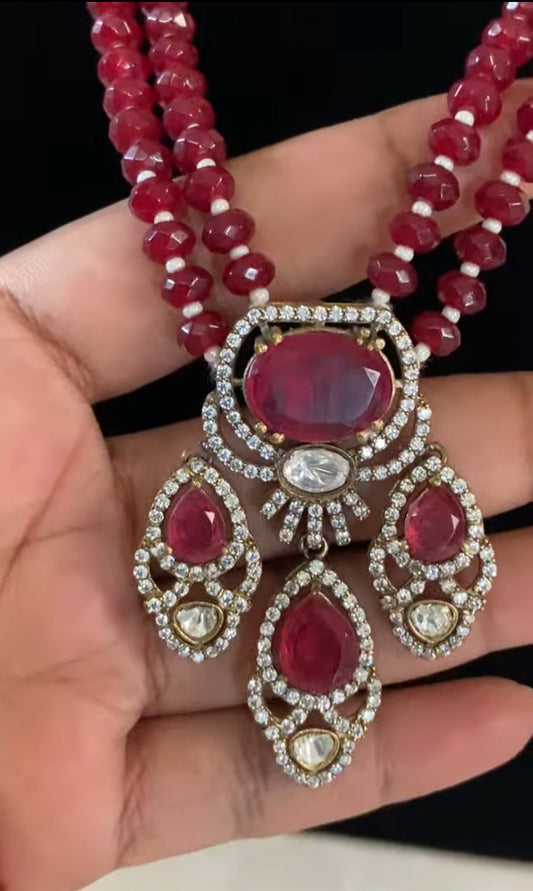 AD Victorian Pendant Onyx Beads Mala Necklace With Earrings