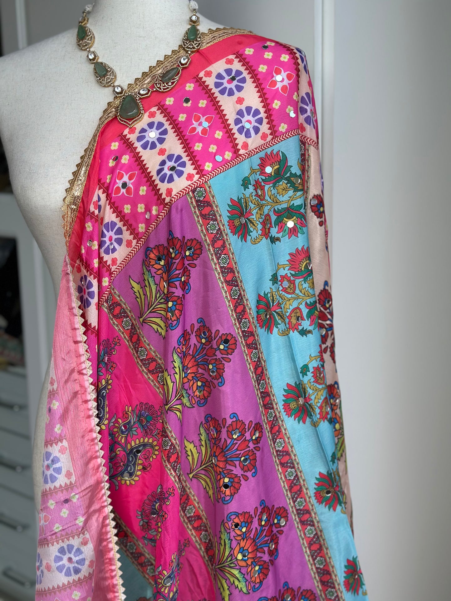 Digital Print Chinnon Dupatta | Multi Colour Mirror Work Dupatta | Party Wear Dupatta