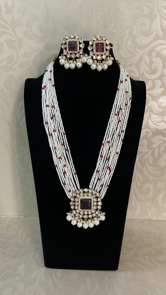 Carved Kundan Pendant Pearl Mala| Indian Pearl Necklace With Earrings