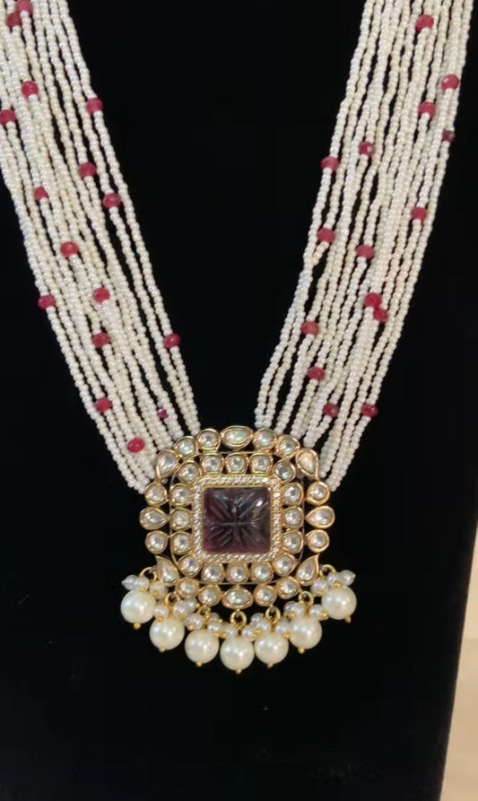 Carved Kundan Pendant Pearl Mala| Indian Pearl Necklace With Earrings