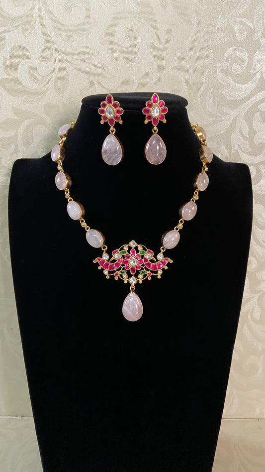 Jadau Pendant Natural Stones Fusion Necklace Set | Indian Necklace | Gift idea