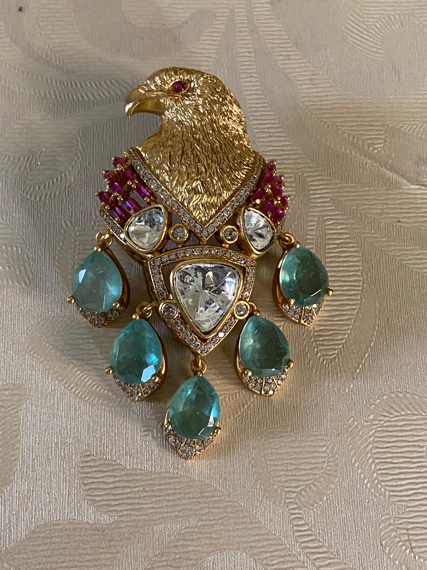 Polki Ruby Green Garuda Brooch | Multipurpose Brooch Pin | Indian Jewelry