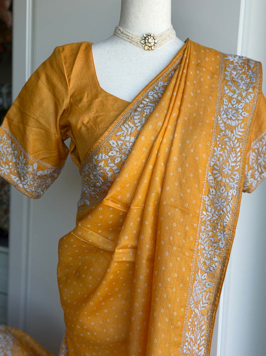 Pure Tussar Hand Work Bandini Saree | Indian Sarees In USA | Mustard Color saree