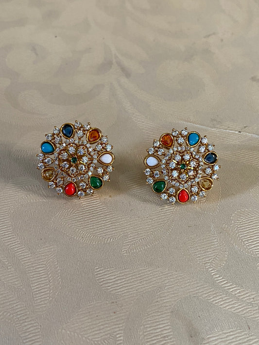 Multicolour & AD Big Size Studs | Indian Earrings | Gift Idea | Navratan Earrings
