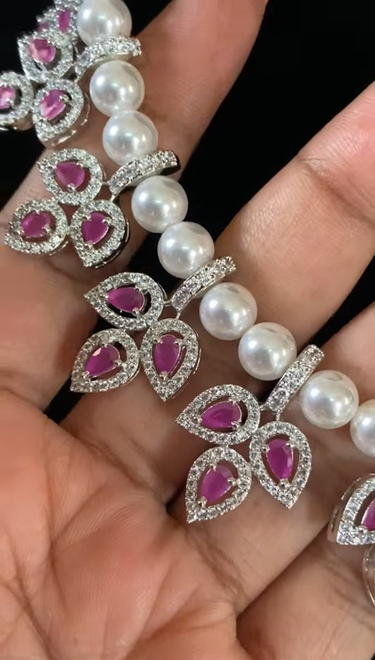 AD Silver Plated Pearl Necklace | Unique Necklace Set | Gift Idea